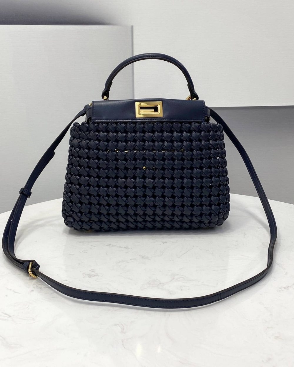 1:1 Replica Fendi Peekaboo Mini Navy Blue Braided Bag For Woman 18cm/7in