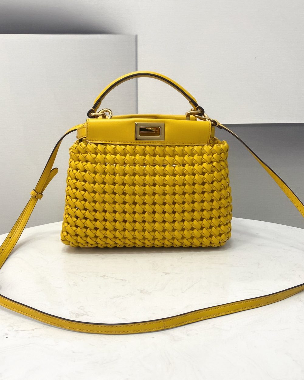1:1 Replica Fendi Peekaboo Mini Yellow Braided Bag For Woman 18cm/7in