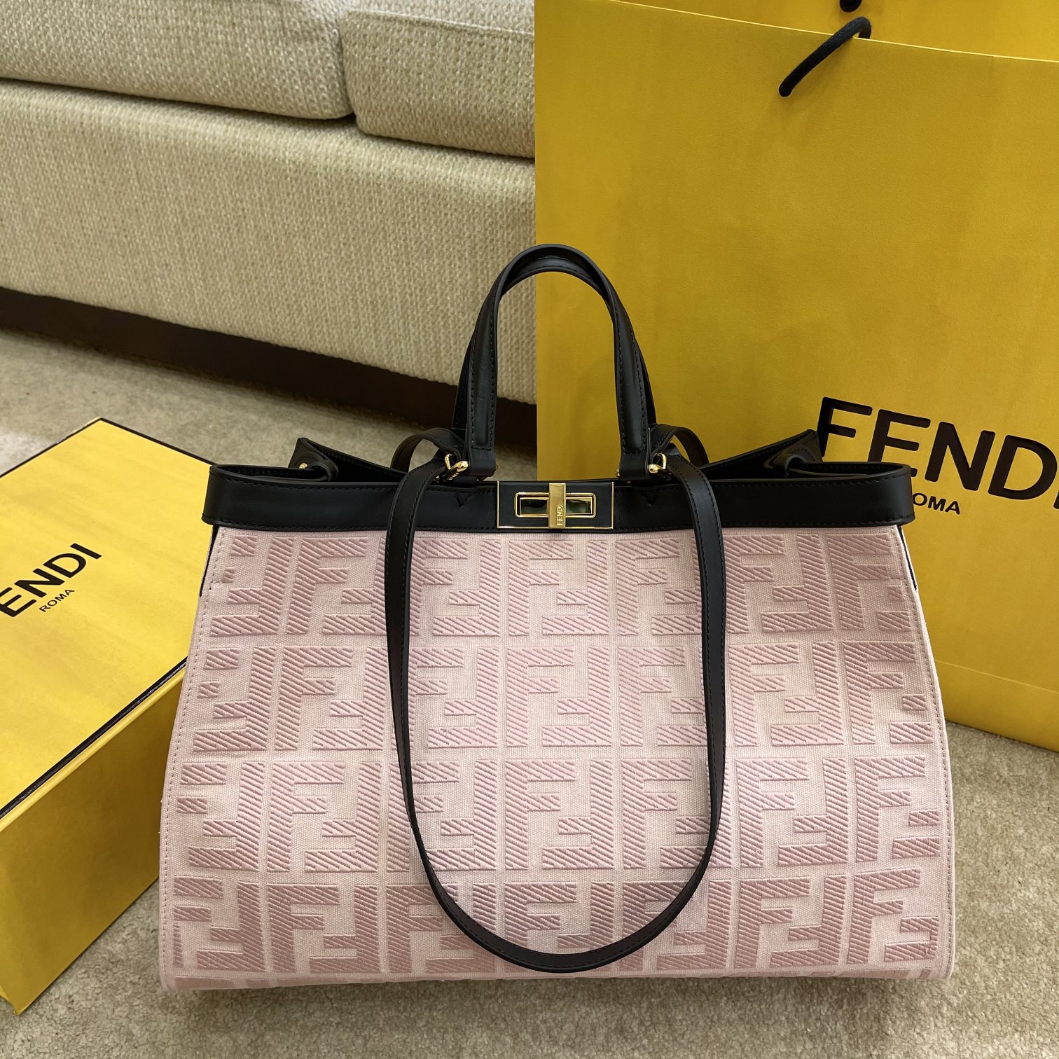 1:1 Replica Fendi Peekaboo X-tote Bag Pink Canvas For Women, Women's Handbags, Shoulder Bags 16.1in/41cm FF 8BH374
