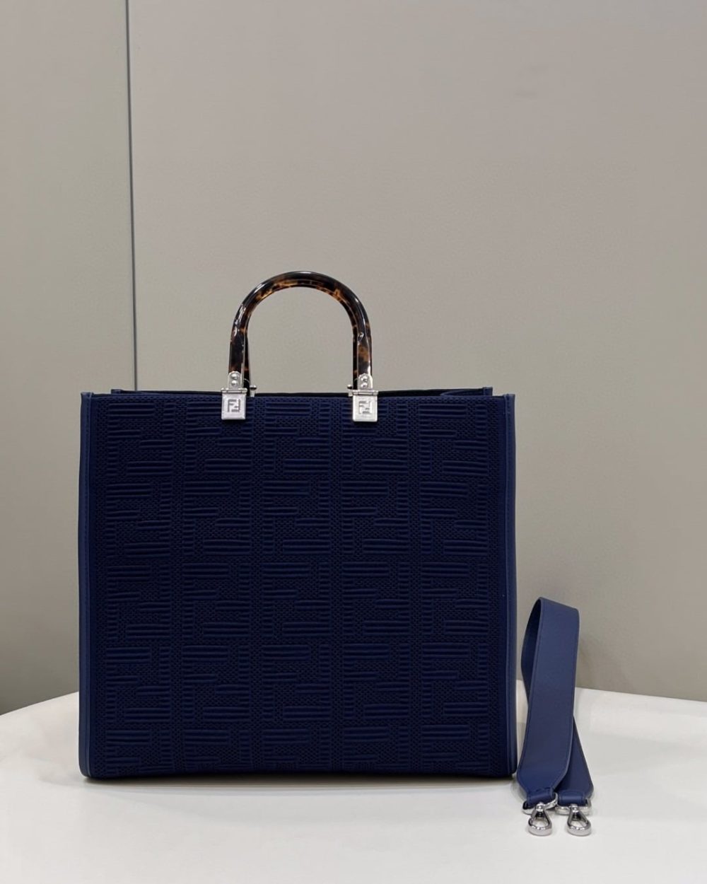 1:1 Replica Fendi Sunshine Medium Navy Blue FF fabric shopper Bag For Woman 31cm/12in