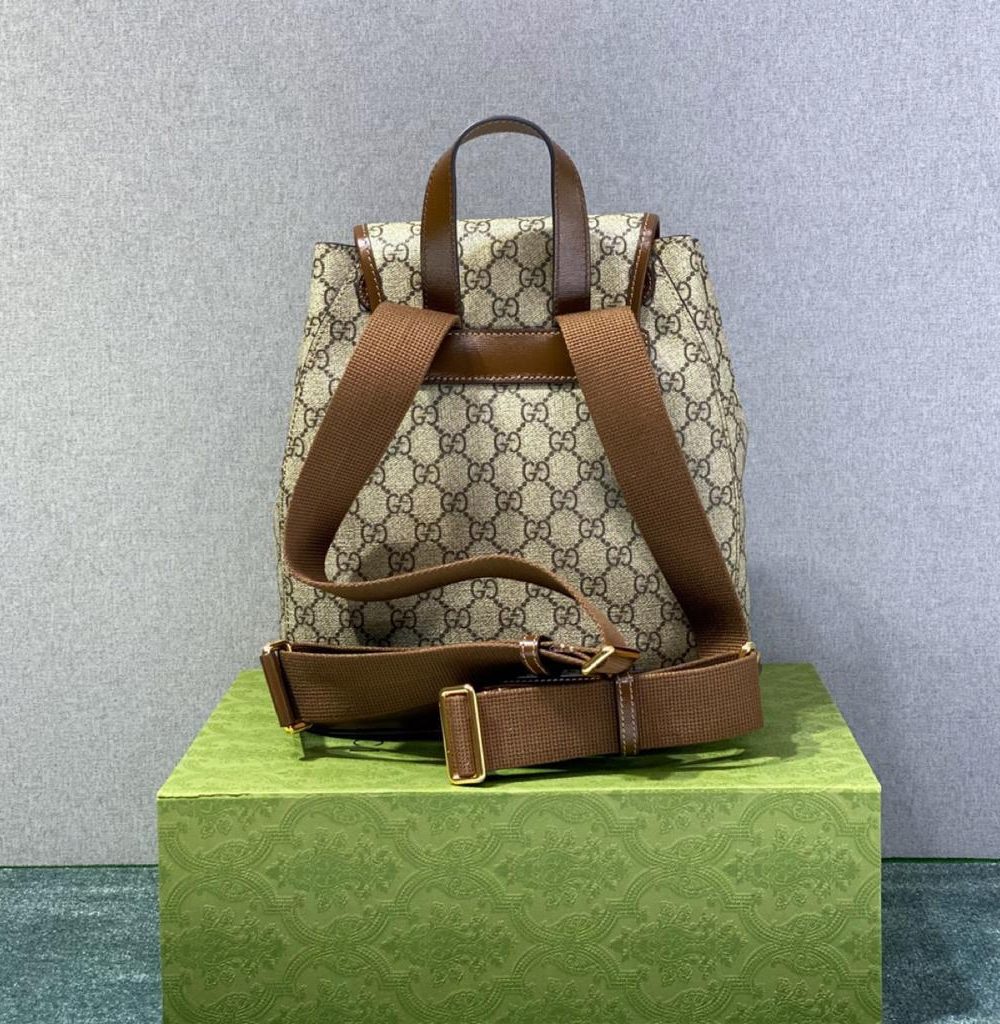 1:1 Replica Gucci Backpack With Interlocking G Beige And Ebony GG Supreme Canvas Brown 11.8in/30cm GG 674147 92THG 8563
