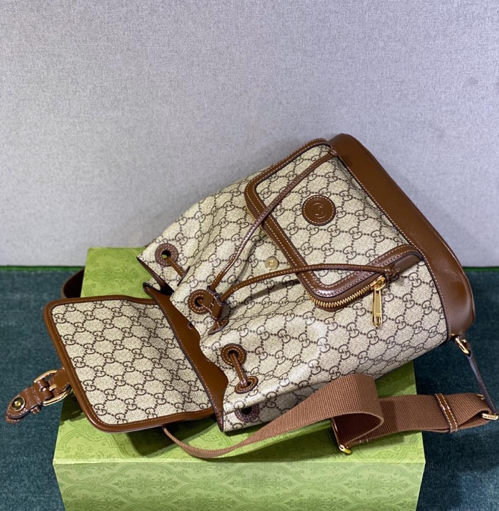 1:1 Replica Gucci Backpack With Interlocking G Beige And Ebony GG Supreme Canvas Brown 11.8in/30cm GG 674147 92THG 8563