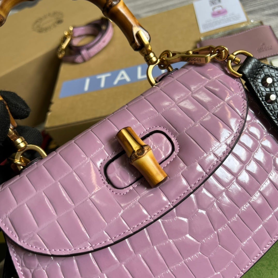 1:1 Replica Gucci Bamboo 1947 Crocodile Top Handle Bag Pink For Women, Women's Bags 10.2in/26cm GG - Image 9