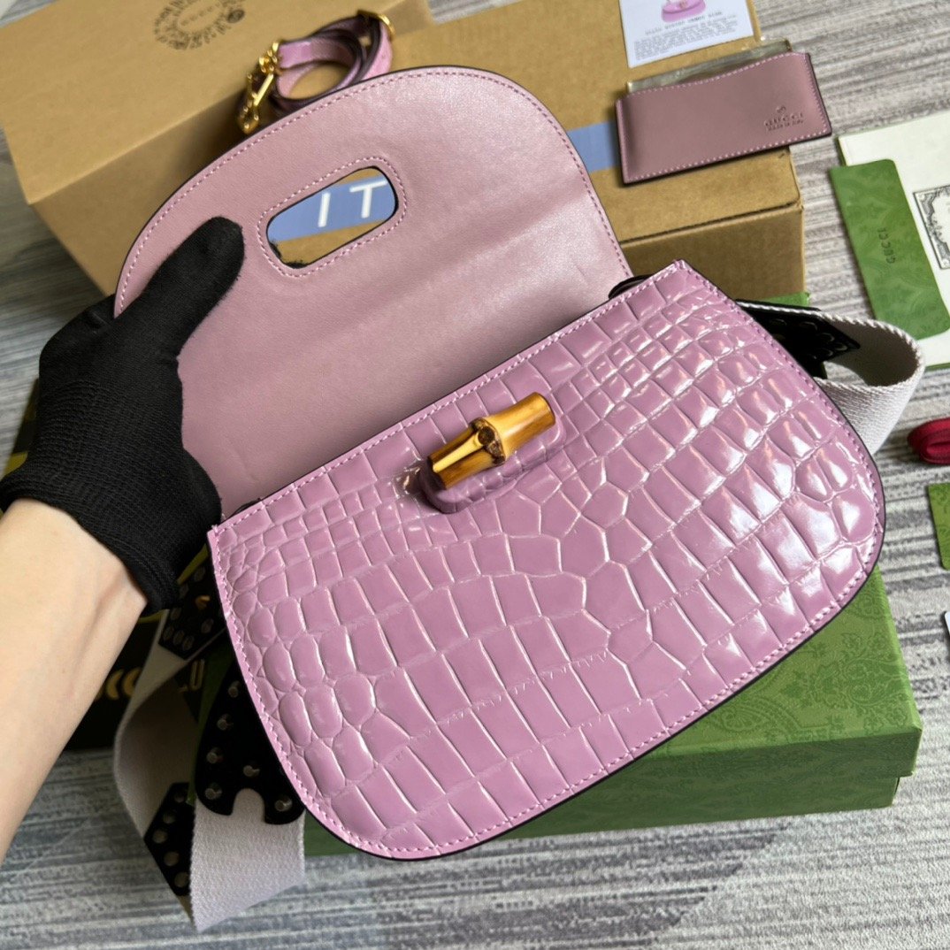 1:1 Replica Gucci Bamboo 1947 Crocodile Top Handle Bag Pink For Women, Women's Bags 10.2in/26cm GG - Image 7
