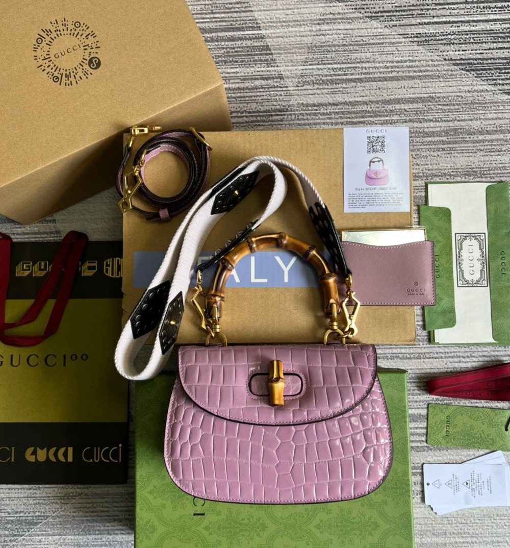 1:1 Replica Gucci Bamboo 1947 Crocodile Top Handle Bag Pink For Women, Women's Bags 10.2in/26cm GG