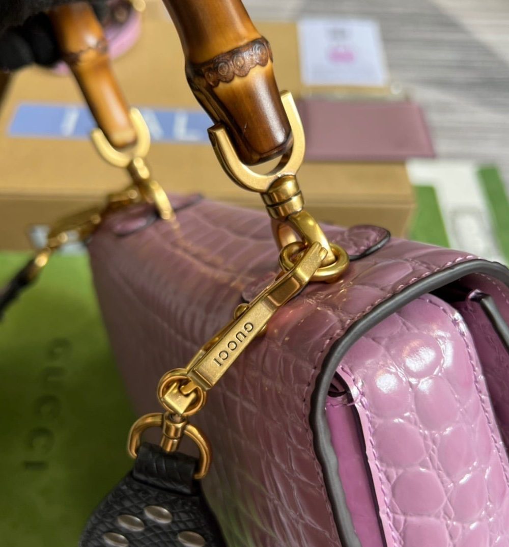1:1 Replica Gucci Bamboo 1947 Crocodile Top Handle Bag Pink For Women, Women's Bags 10.2in/26cm GG