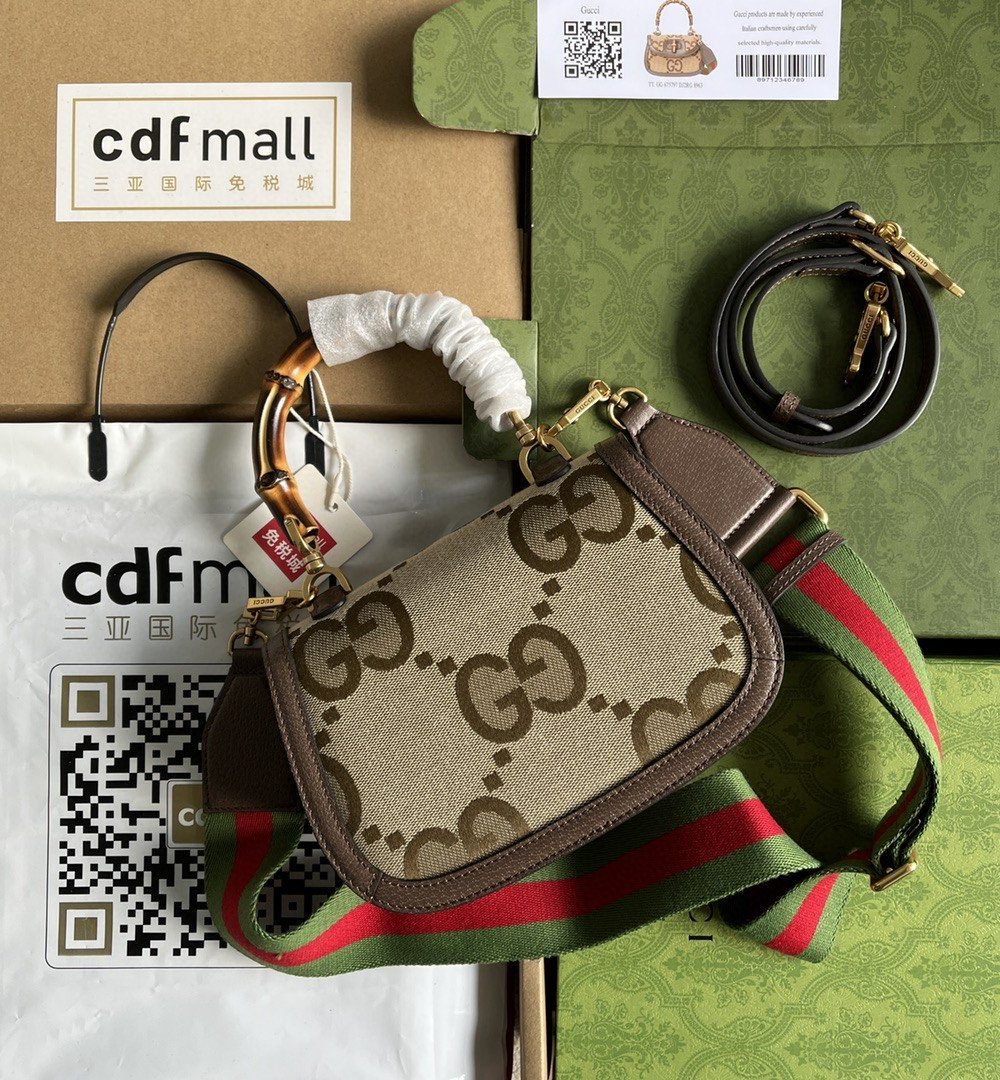 1:1 Replica Gucci Bamboo 1947 Jumbo GG Small Top Handle Bag Camel And Ebony Jumbo GG Canvas Brown For Women 8.3in/21cm 675797 UKMDT 2570