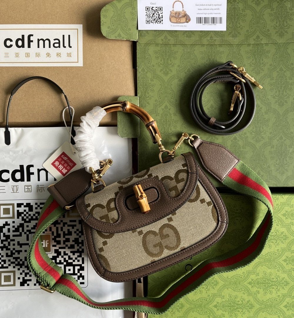 1:1 Replica Gucci Bamboo 1947 Jumbo GG Small Top Handle Bag Camel And Ebony Jumbo GG Canvas Brown For Women 8.3in/21cm 675797 UKMDT 2570