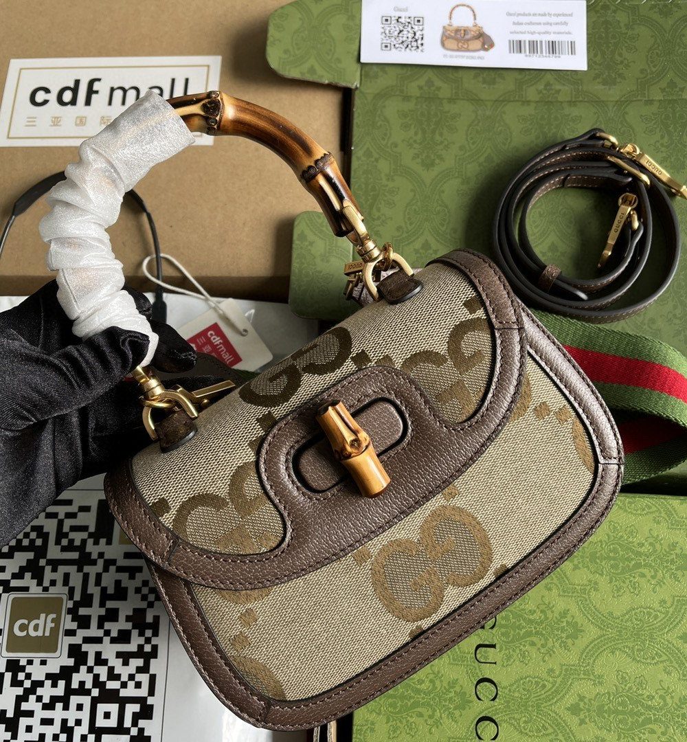 1:1 Replica Gucci Bamboo 1947 Jumbo GG Small Top Handle Bag Camel And Ebony Jumbo GG Canvas Brown For Women 8.3in/21cm 675797 UKMDT 2570