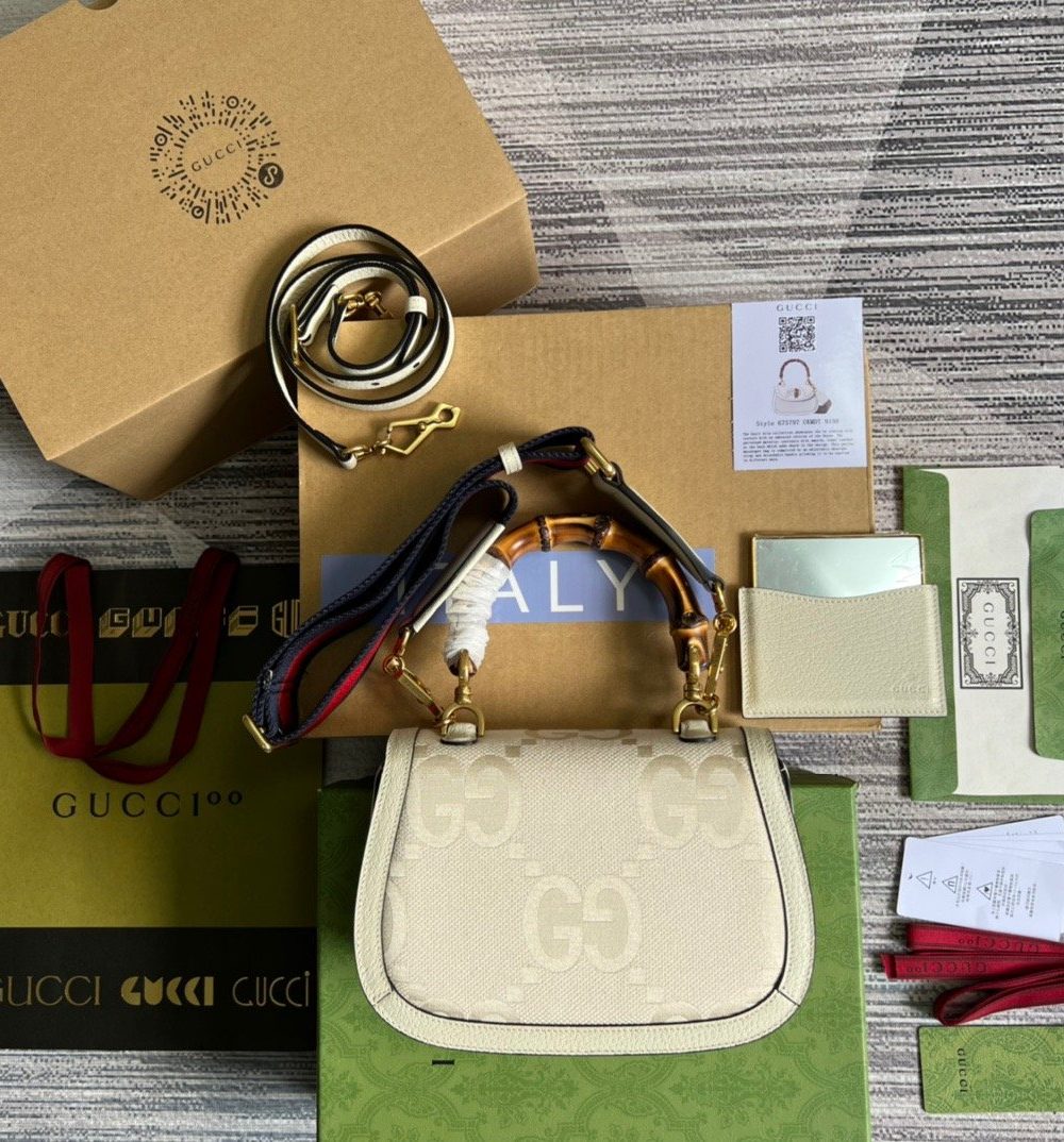 1:1 Replica Gucci Bamboo 1947 Medium  Top Handle Bag White For Women, Women's Bags 10.2in/26cm GG
