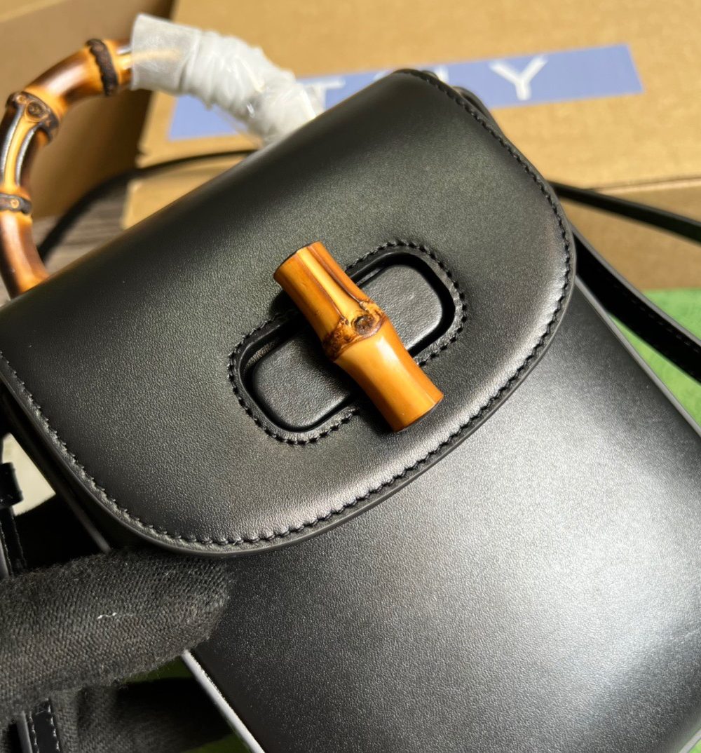 1:1 Replica Gucci Bamboo Mini Handbag Black For Women, Women's Bags 6.2in/16cm GG 702106 UZY0T 1000