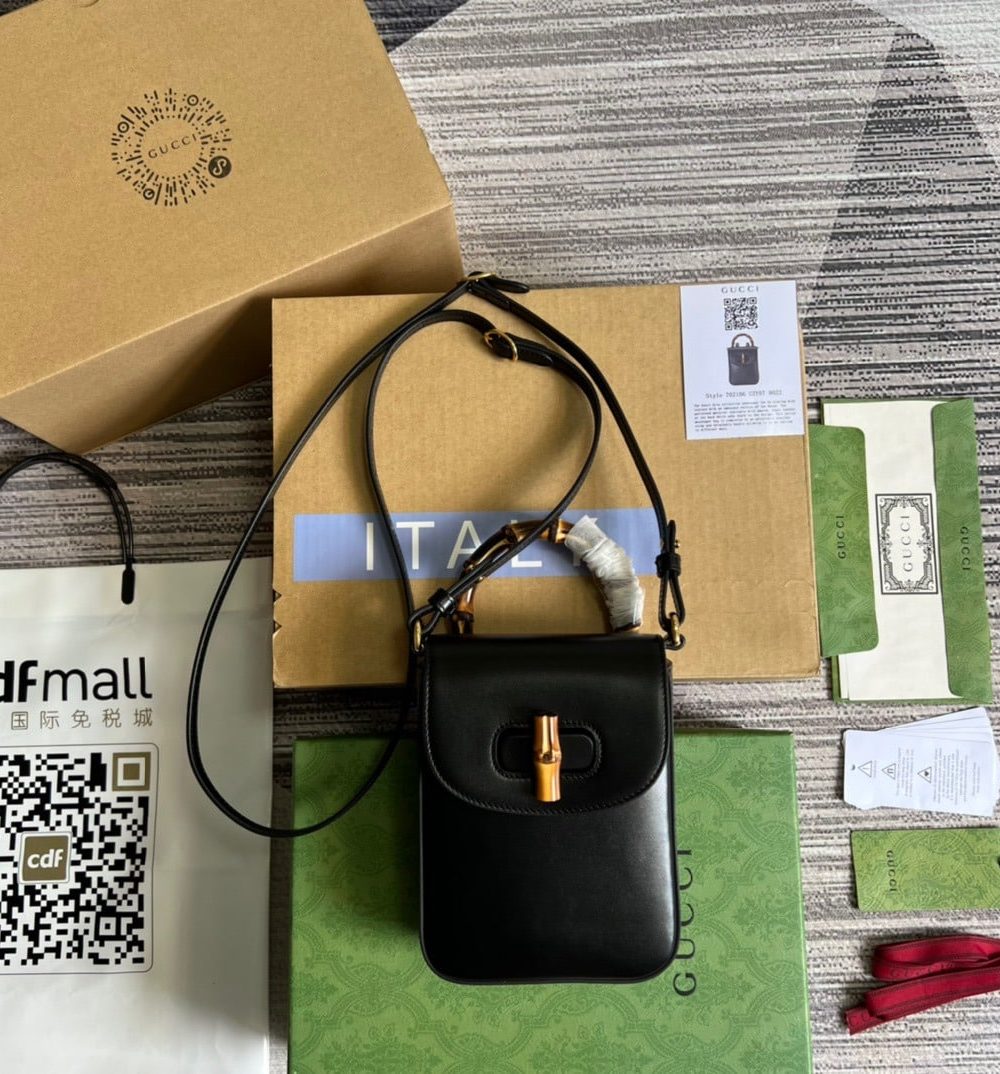 1:1 Replica Gucci Bamboo Mini Handbag Black For Women, Women's Bags 6.2in/16cm GG 702106 UZY0T 1000