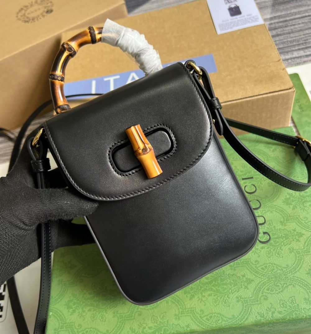 1:1 Replica Gucci Bamboo Mini Handbag Black For Women, Women's Bags 6.2in/16cm GG 702106 UZY0T 1000