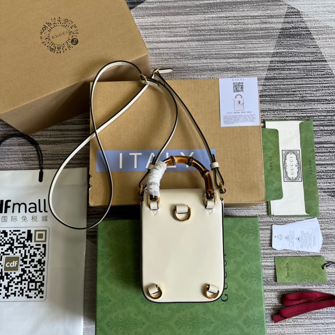 1:1 Replica Gucci Bamboo Mini Handbag White For Women, Women's Bags 6.2in/16cm GG 702106 UZY0T 9022 - Image 2