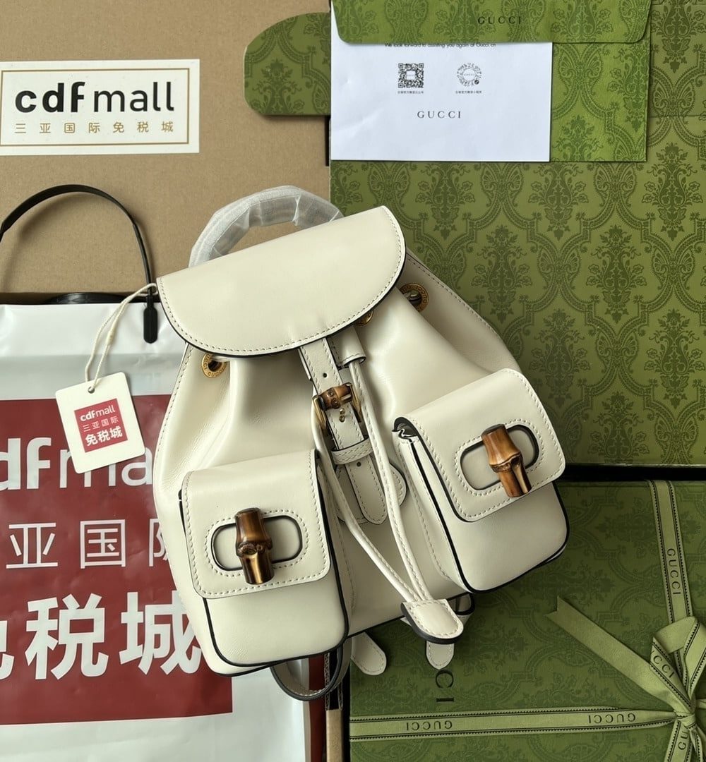 1:1 Replica Gucci Bamboo Small Backpack White For Women, Women's Bags 8.6in/22cm GG 702101 UZY0T 9022