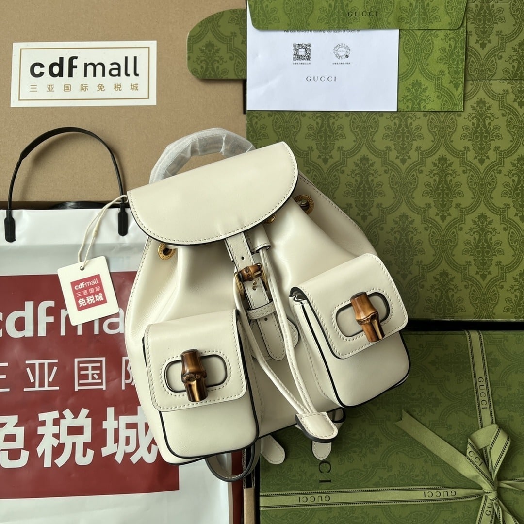 1:1 Replica Gucci Bamboo Small Backpack White For Women, Women's Bags 8.6in/22cm GG 702101 UZY0T 9022