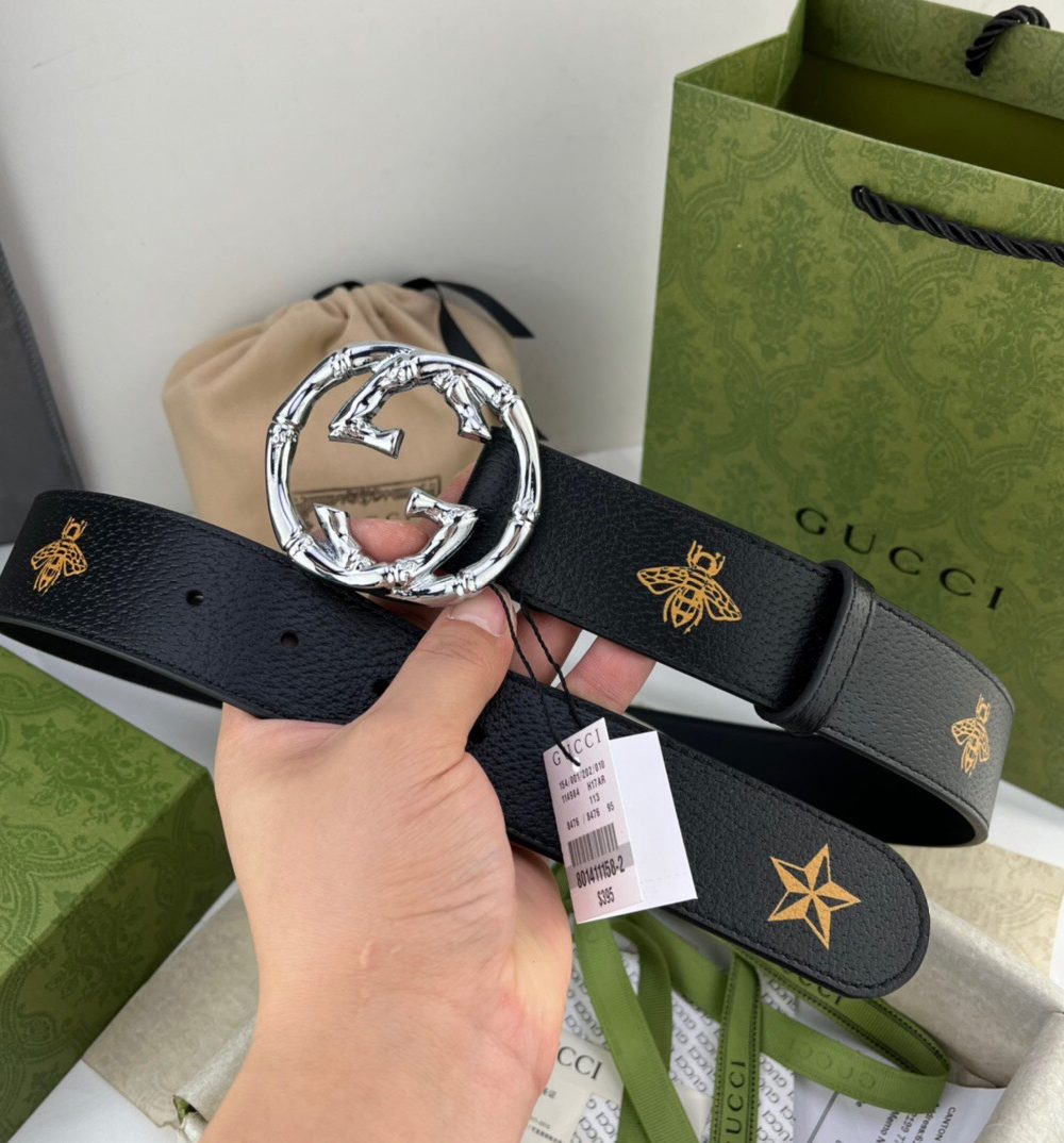 1:1 Replica Gucci Belt With Bee And Star Pattern And Interlocking G Buckle Black For Women, Women Belt