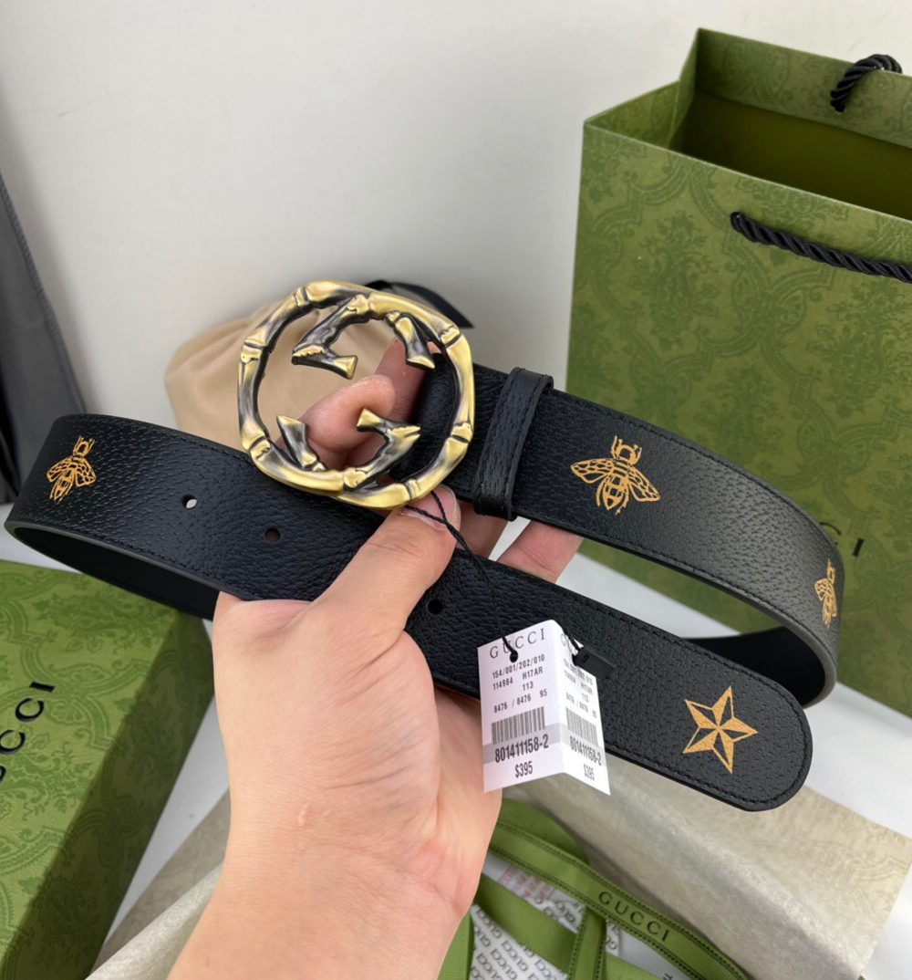1:1 Replica Gucci Belt With Bee And Star Pattern And Interlocking G Buckle Black For Women, Women Belt