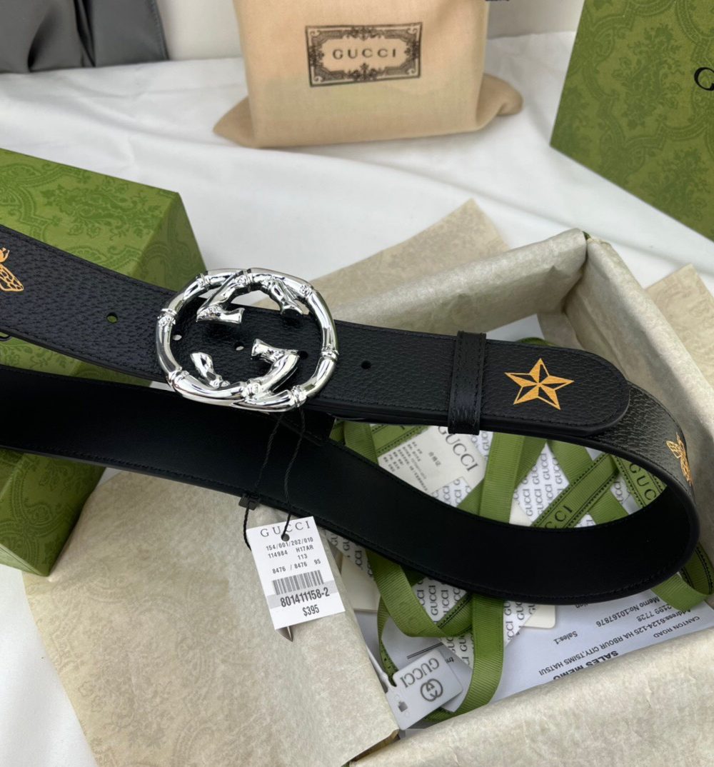 1:1 Replica Gucci Belt With Bee And Star Pattern And Interlocking G Buckle Black For Women, Women Belt