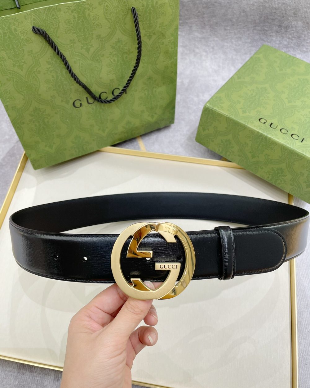 1:1 Replica Gucci Belt With Interlocking G Buckle Black For Women, Women Belt