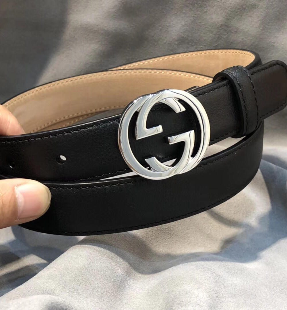 1:1 Replica Gucci Belt With Interlocking G Buckle Black/Cream GG, Women Belt 370717