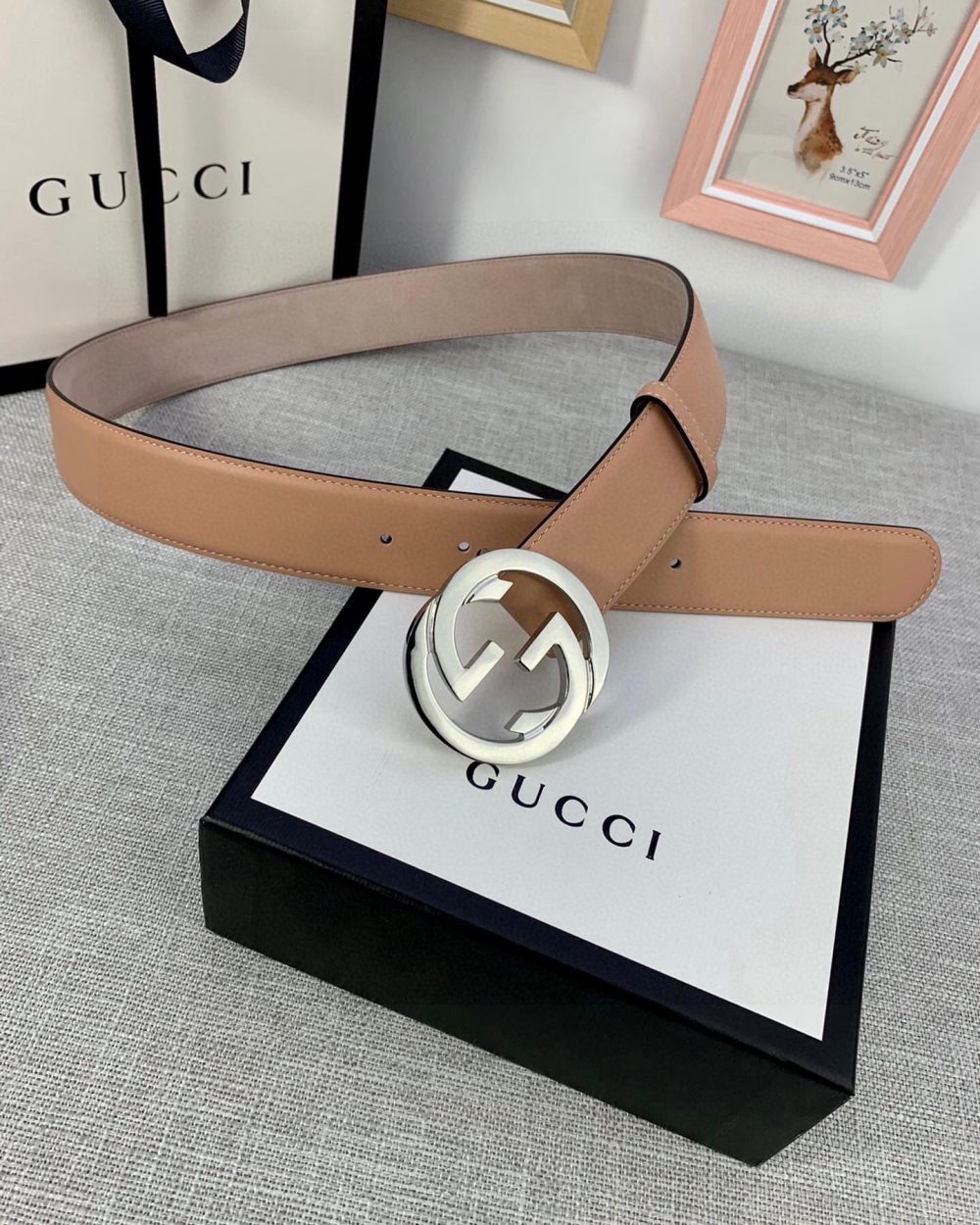 1:1 Replica Gucci Belt With Interlocking G Buckle Brown GG, Women Belt 370717