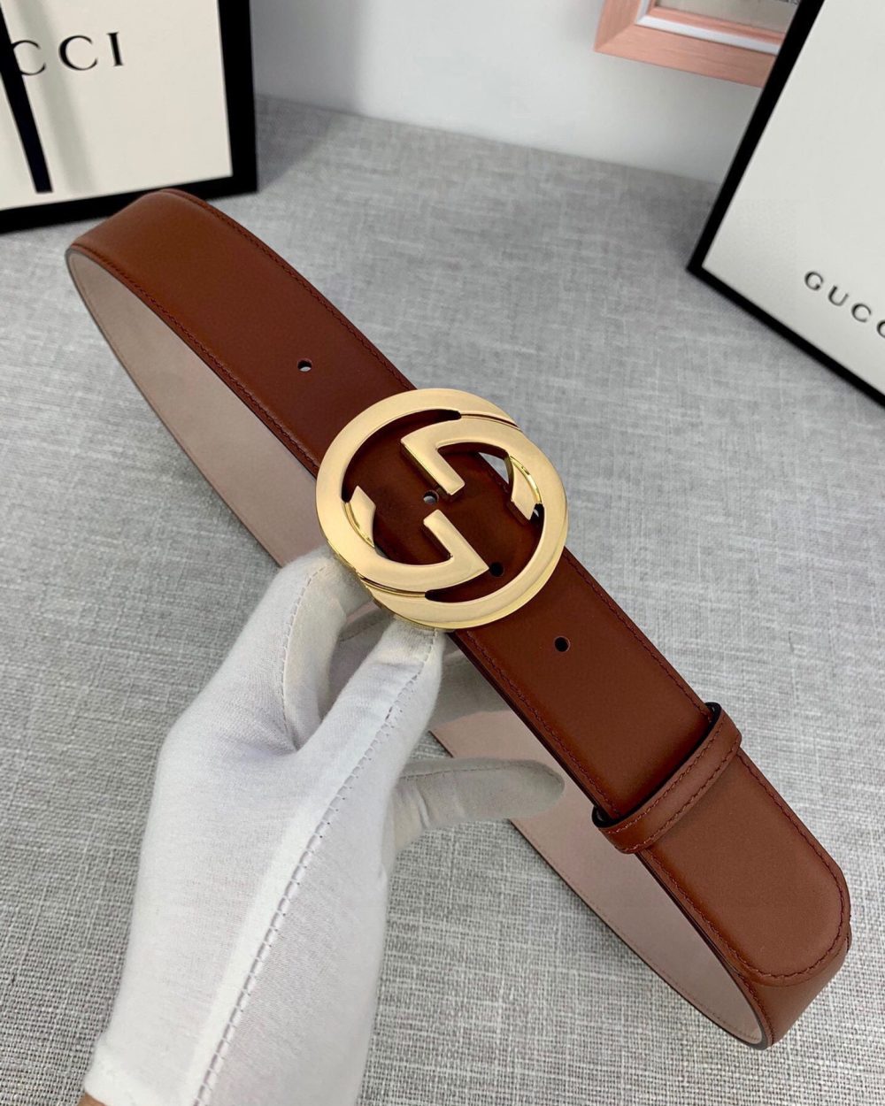 1:1 Replica Gucci Belt With Interlocking G Buckle Brown GG, Women Belt 370717