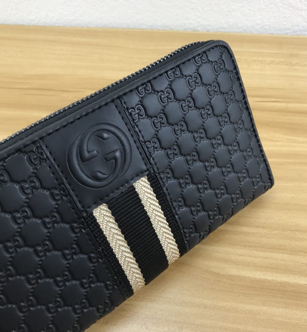 1:1 Replica Gucci Black GG Embossed Zip Around With White Line Wallet For Men, Men's Wallet 19cm/7.5in GG