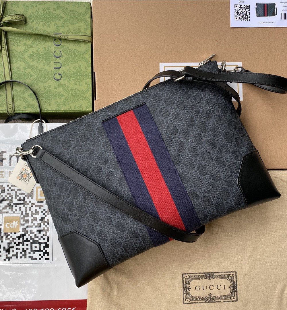 1:1 Replica Gucci Black Messenger Black/Grey GG Supreme Canvas Blue And Red Web For Men 14in/35cm 474139 K5ICN 1095