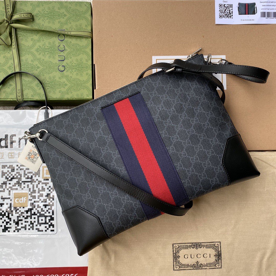1:1 Replica Gucci Black Messenger Black/Grey GG Supreme Canvas Blue And Red Web For Men 14in/35cm 474139 K5ICN 1095
