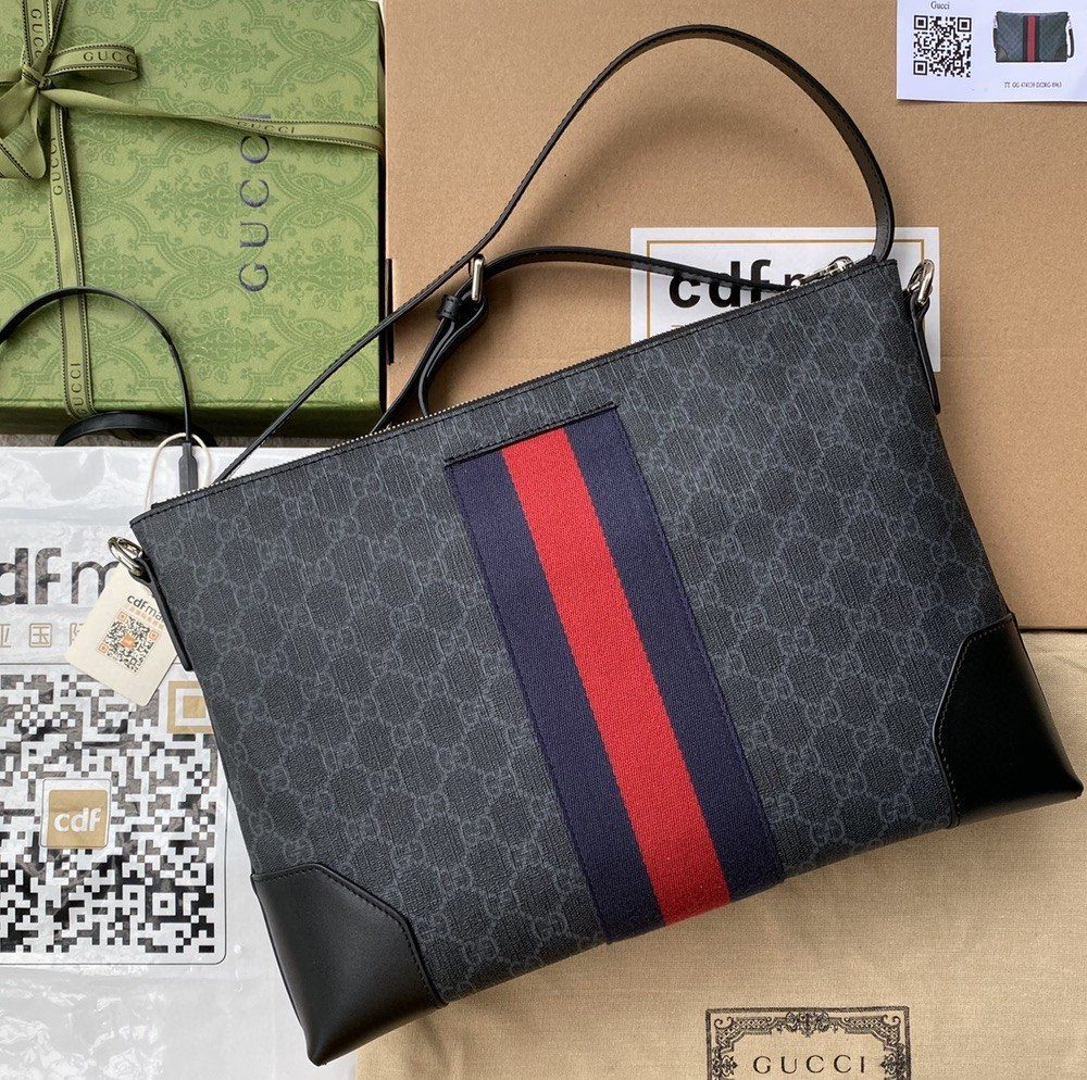 1:1 Replica Gucci Black Messenger Black/Grey GG Supreme Canvas Blue And Red Web For Men 14in/35cm 474139 K5ICN 1095