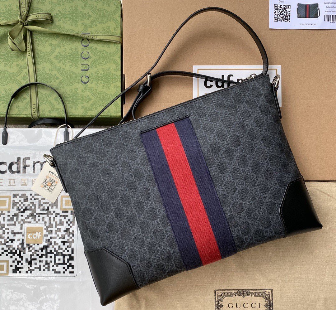 1:1 Replica Gucci Black Messenger Black/Grey GG Supreme Canvas Blue And Red Web For Men 14in/35cm 474139 K5ICN 1095 - Image 7