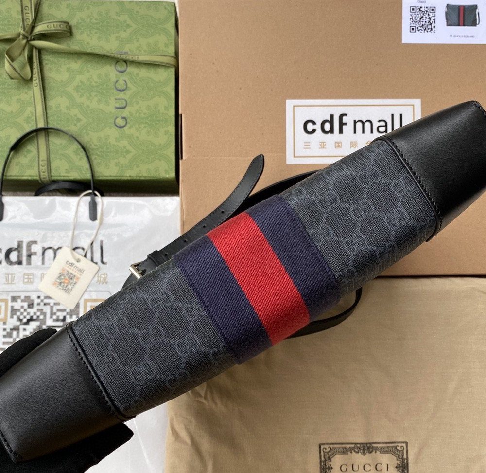 1:1 Replica Gucci Black Messenger Black/Grey GG Supreme Canvas Blue And Red Web For Men 14in/35cm 474139 K5ICN 1095