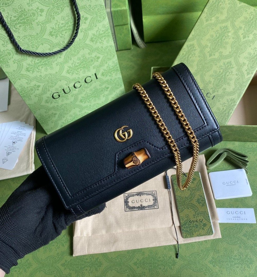 1:1 Replica Gucci Diana Chain Wallet With Bamboo Black For Women, Women's Bags 7.4in/19cm GG 658243 17Q0T 1000