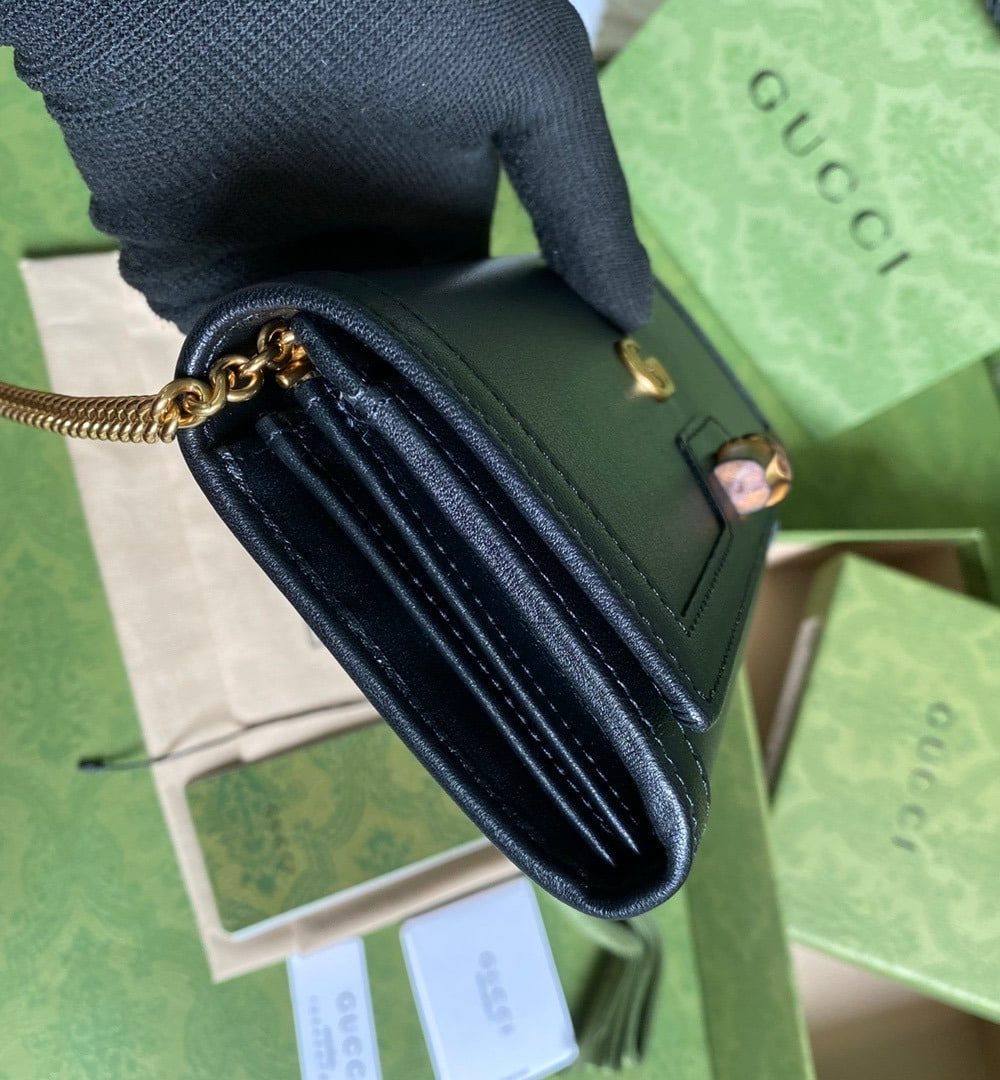 1:1 Replica Gucci Diana Chain Wallet With Bamboo Black For Women, Women's Bags 7.4in/19cm GG 658243 17Q0T 1000