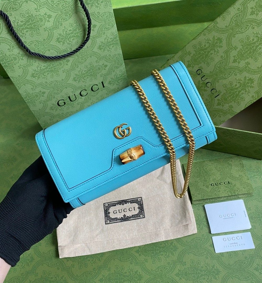 1:1 Replica Gucci Diana Chain Wallet With Bamboo Blue For Women, Women's Bags 7.4in/19cm GG