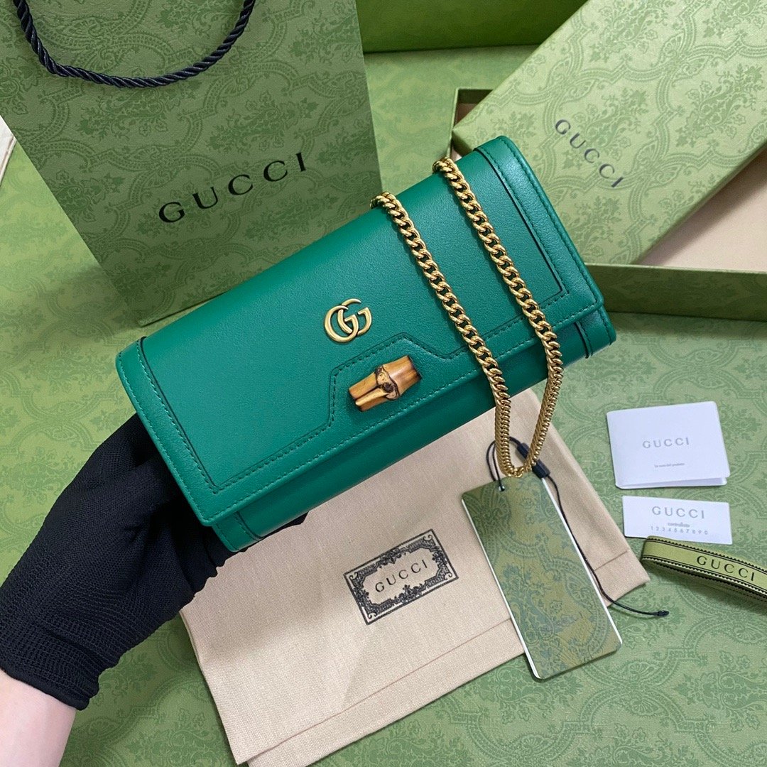 1:1 Replica Gucci Diana Chain Wallet With Bamboo Green For Women, Women's Bags 7.4in/19cm GG