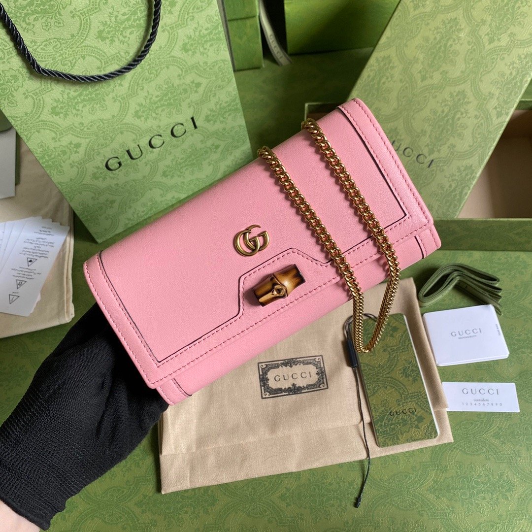 1:1 Replica Gucci Diana Chain Wallet With Bamboo Pink For Women, Women's Bags 7.4in/19cm GG
