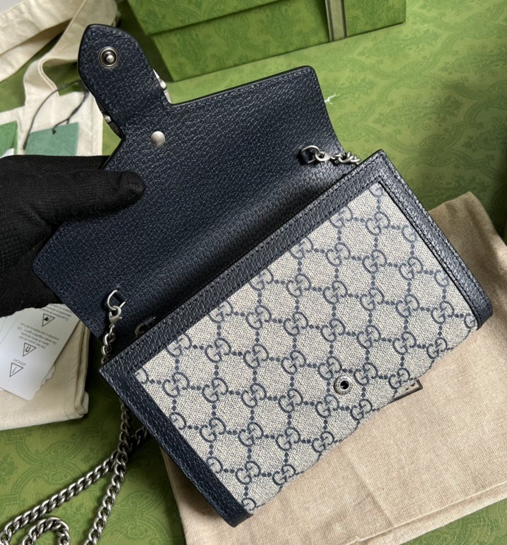 1:1 Replica Gucci Dionysus GG Chain Wallet Beige And Blue Supreme Canvas For Women 8in/20cm 401231 K9GSN 4075