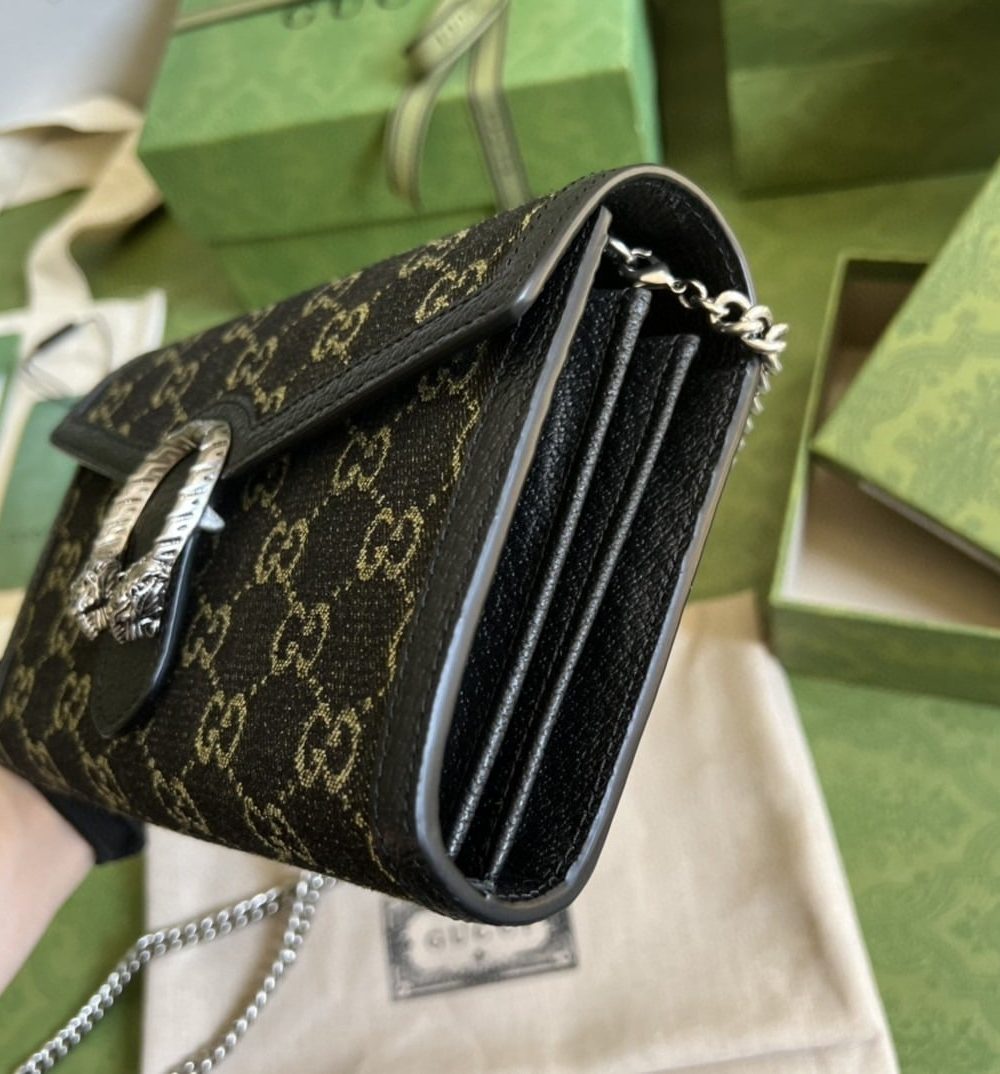1:1 Replica Gucci Dionysus GG Mini Chain Bag Black And Ivory GG Denim Jacquard For Women 8in/20cm 401231 UN3BN 1274