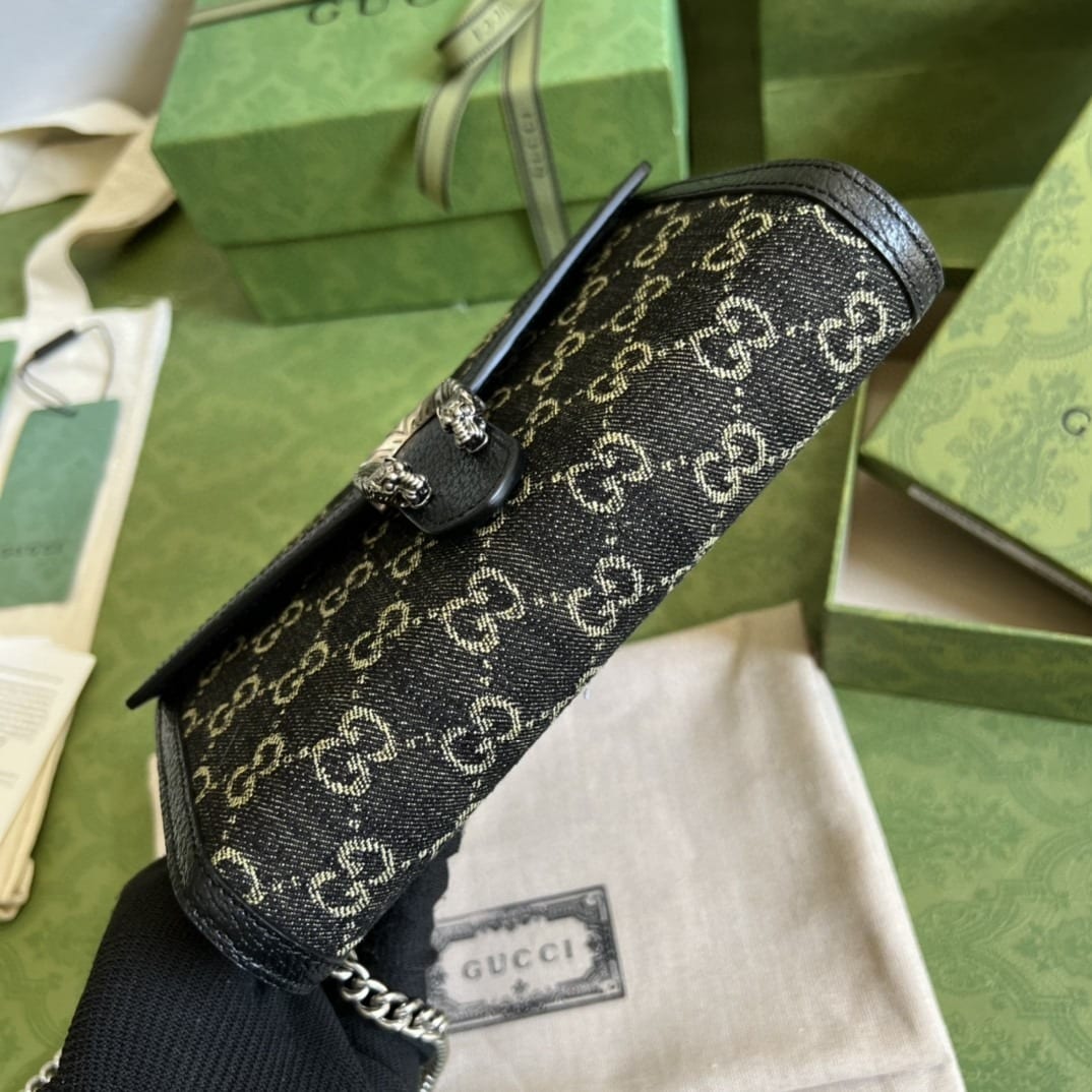 1:1 Replica Gucci Dionysus GG Mini Chain Bag Black And Ivory GG Denim Jacquard For Women 8in/20cm 401231 UN3BN 1274 - Image 4