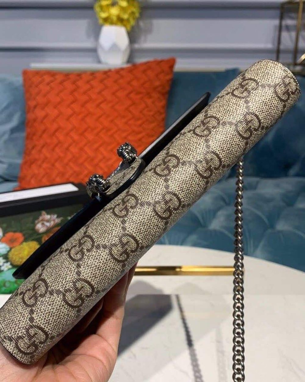 1:1 Replica Gucci Dionysus Mini Chain Bag Beige/Ebony GG Supreme Canvas For Women 8in/20cm GG 401231 KHNSN 8642