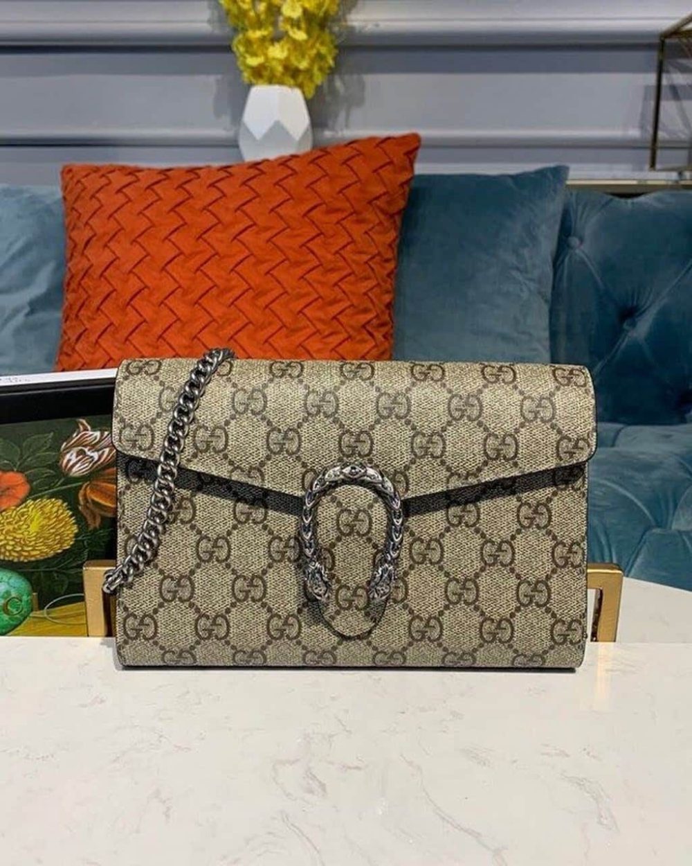1:1 Replica Gucci Dionysus Mini Chain Bag Beige/Ebony GG Supreme Canvas For Women 8in/20cm GG 401231 KHNSN 8642