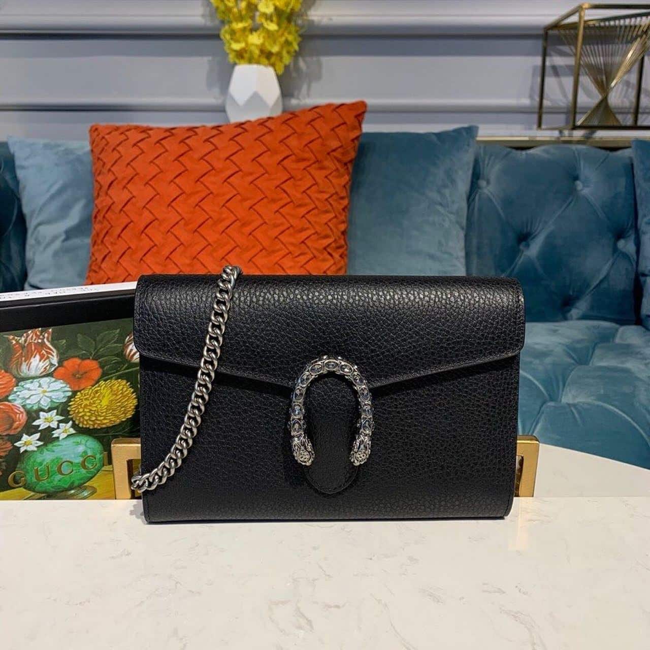 1:1 Replica Gucci Dionysus Mini Chain Bag Black Metal-Free Tanned For Women 8in/20cm GG 401231 CAOGN 8176 - Image 2