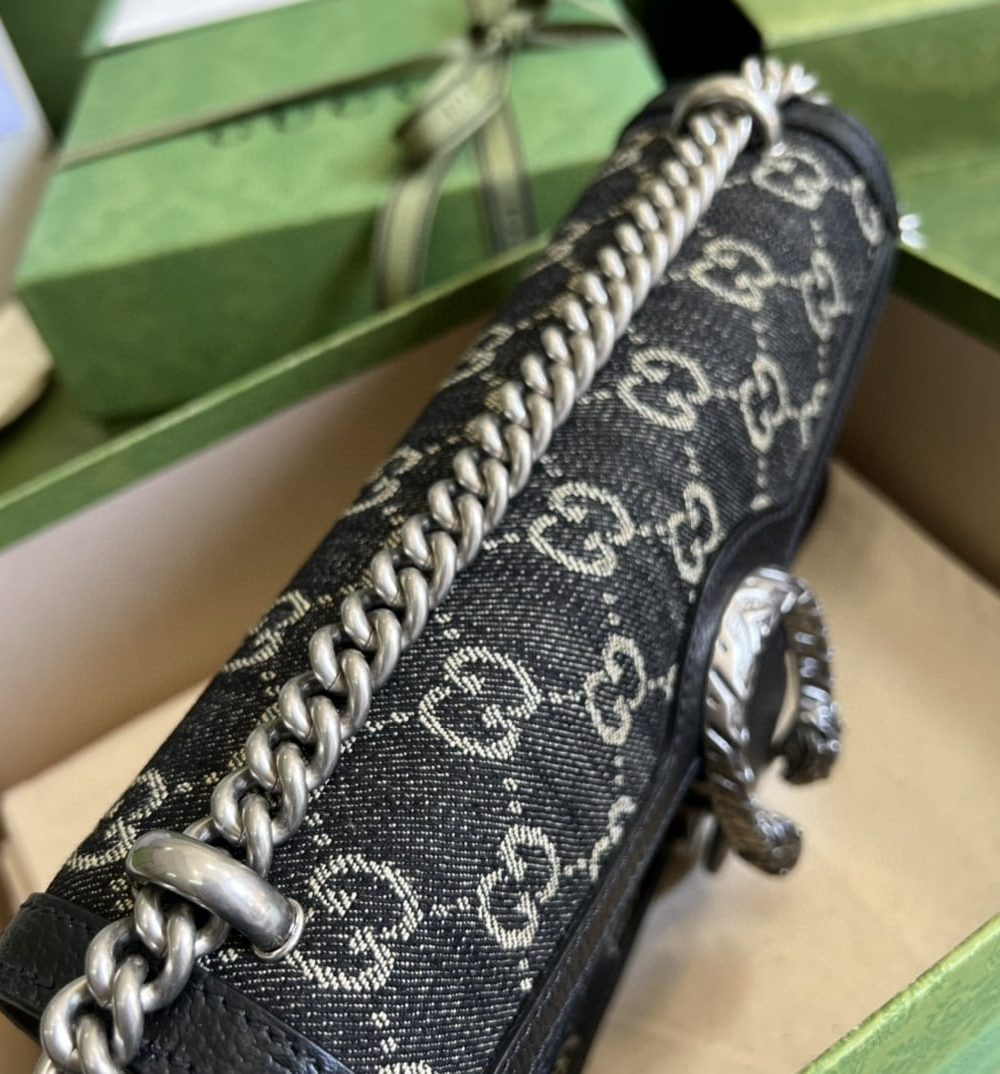 1:1 Replica Gucci Dionysus Small GG Shoulder Bag Black And Ivory GG Denim Jacquard For Women 10in/25cm 499623 UN3BN 1274