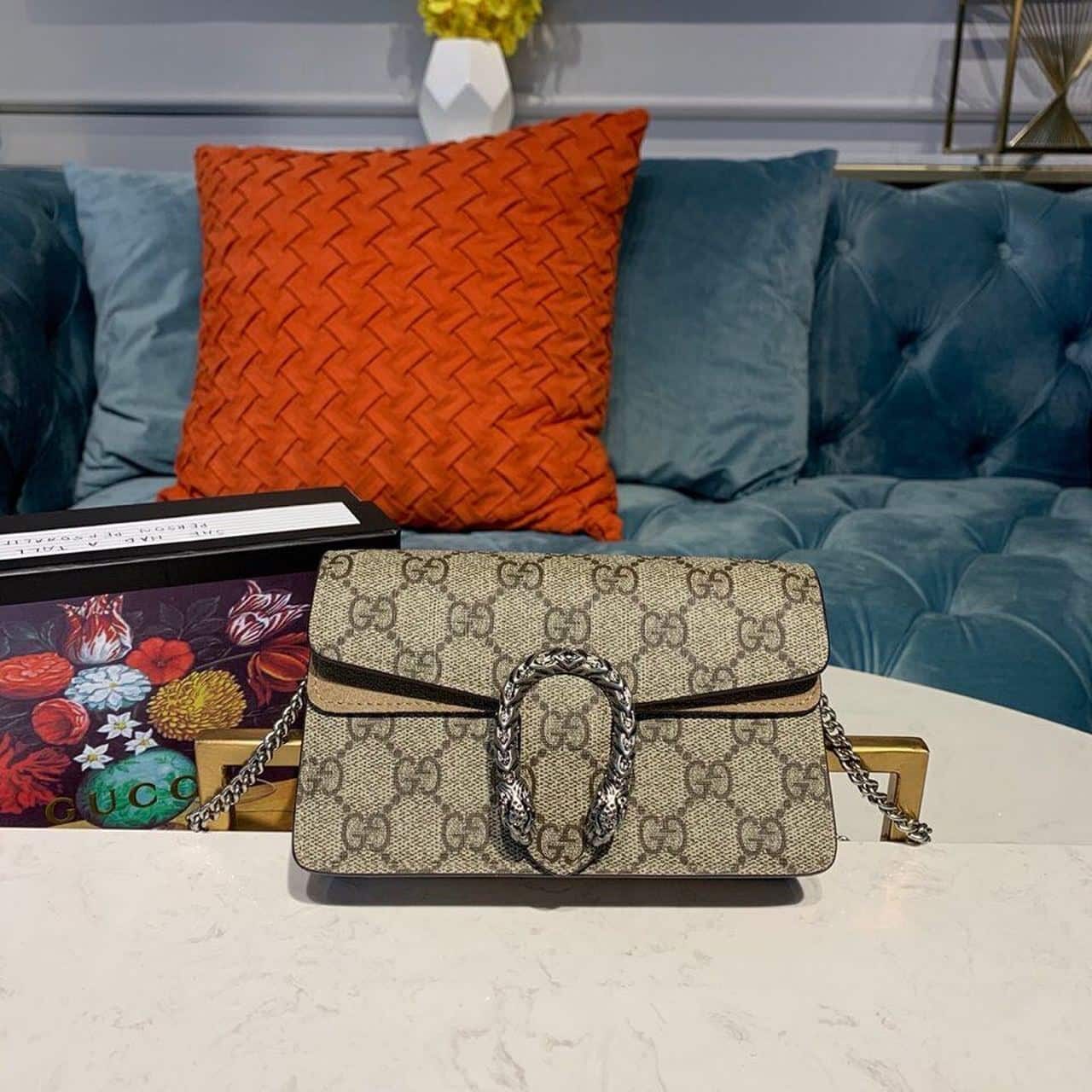 1:1 Replica Gucci Dionysus Super Mini Bag Emerald GG Supreme Canvas Made Using An Earth-Conscious Process With Taupe Detail For Women 6.5in/16.5cm GG 476432 KHNRN 8642