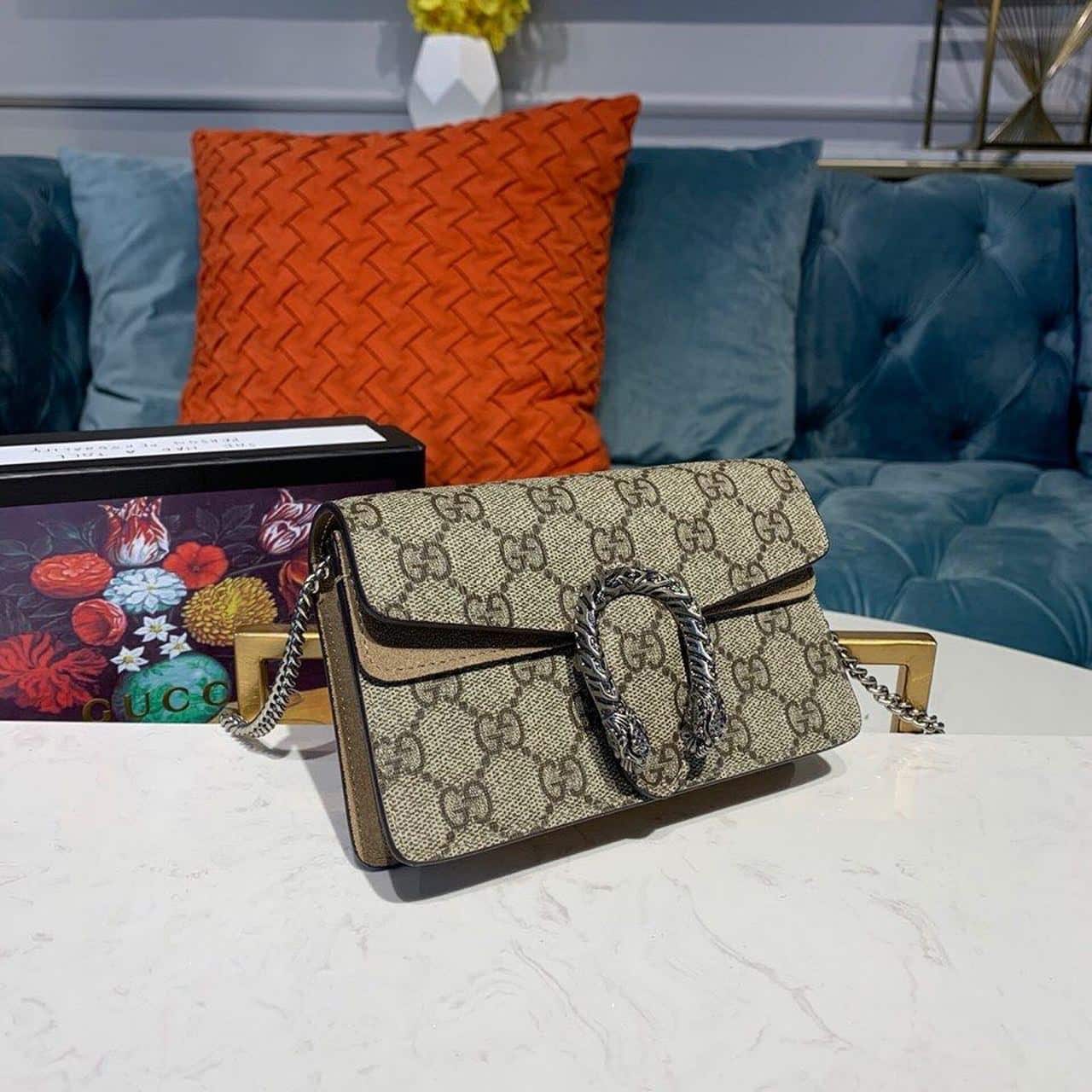 1:1 Replica Gucci Dionysus Super Mini Bag Emerald GG Supreme Canvas Made Using An Earth-Conscious Process With Taupe Detail For Women 6.5in/16.5cm GG 476432 KHNRN 8642 - Image 3