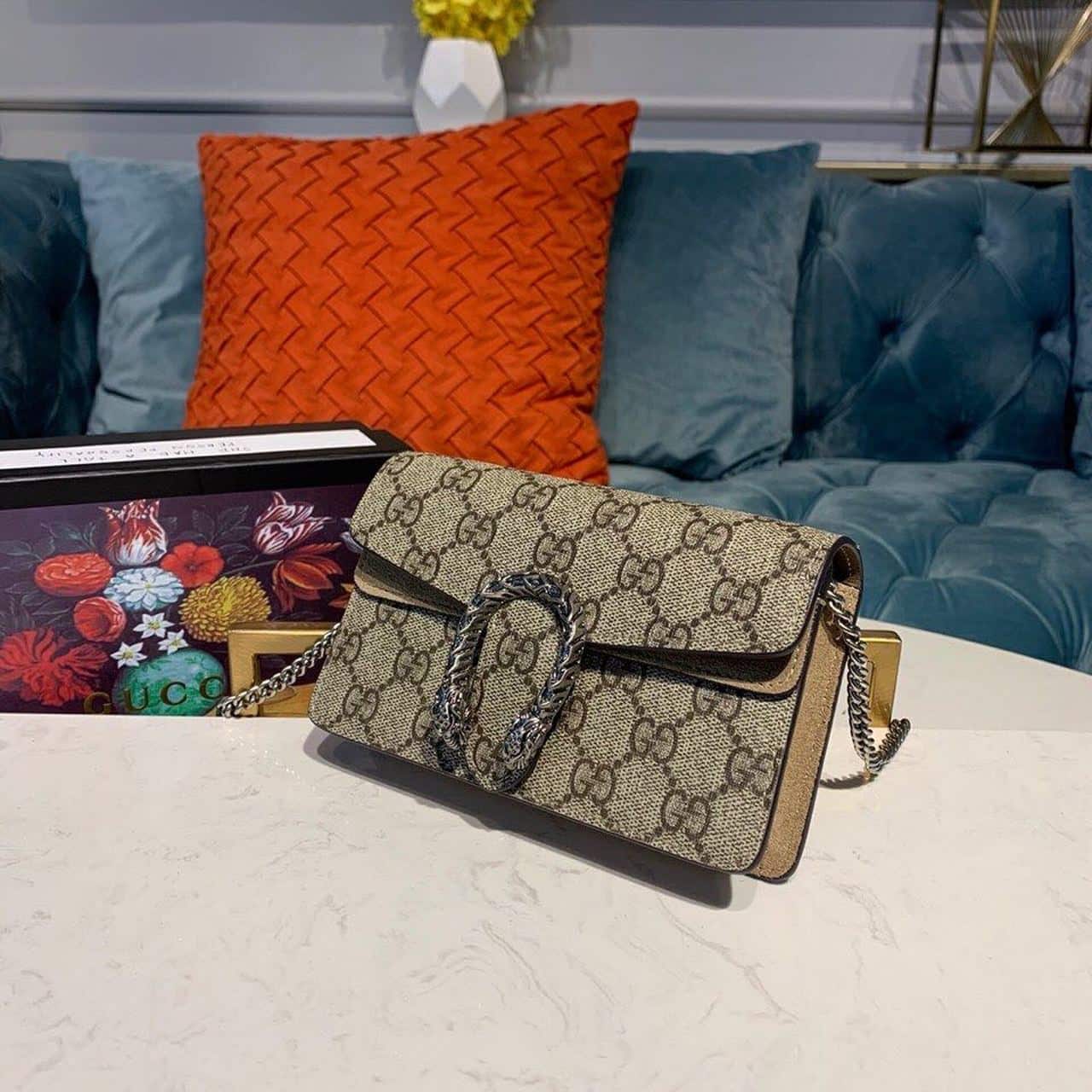 1:1 Replica Gucci Dionysus Super Mini Bag Emerald GG Supreme Canvas Made Using An Earth-Conscious Process With Taupe Detail For Women 6.5in/16.5cm GG 476432 KHNRN 8642 - Image 5