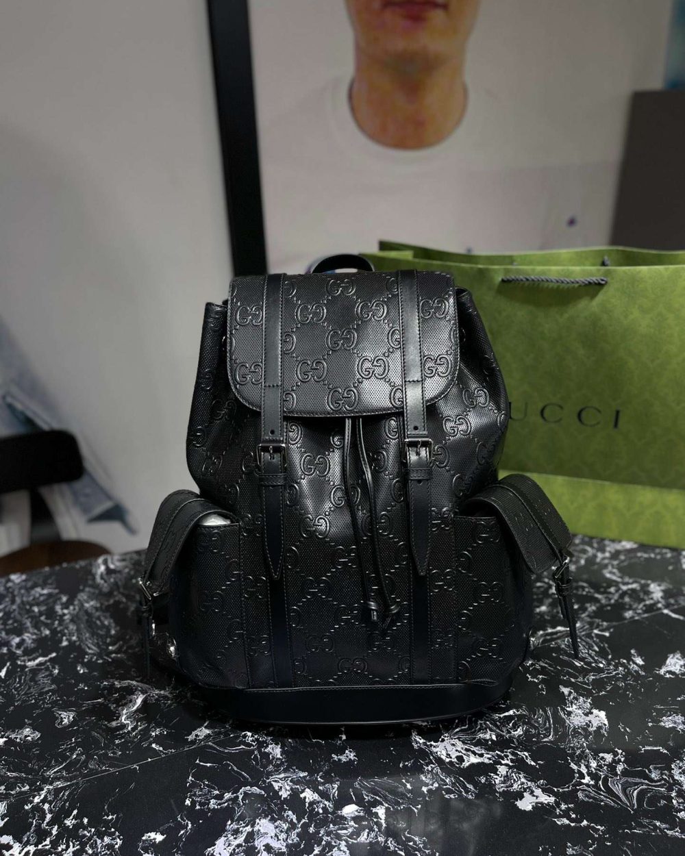 1:1 Replica Gucci Embossed Backpack GG Black For Men 41cm / 16.1in 625770 1W3BN 1000
