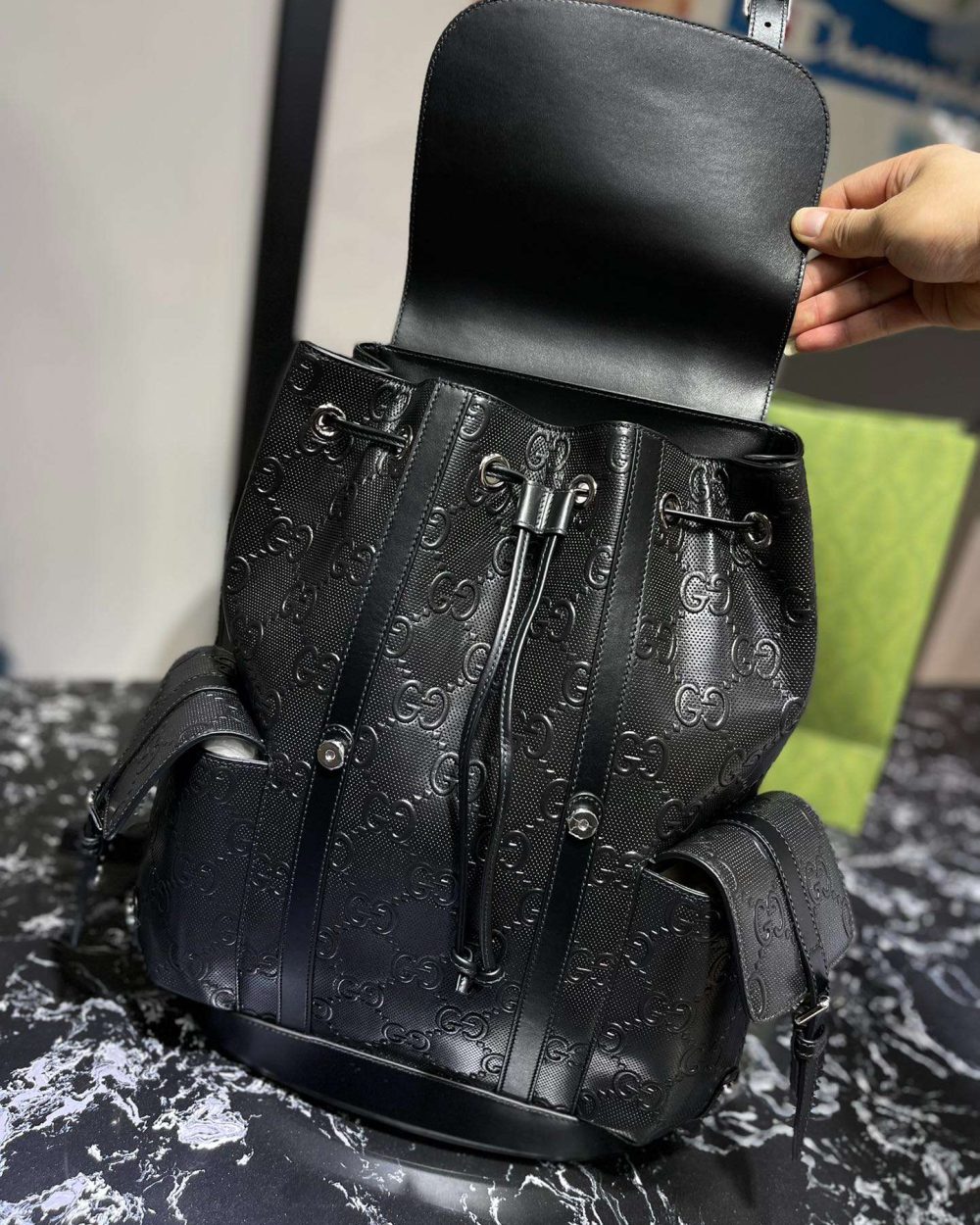 1:1 Replica Gucci Embossed Backpack GG Black For Men 41cm / 16.1in 625770 1W3BN 1000